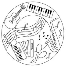 a circle with musical instruments and music notes on it, as well as a keyboard