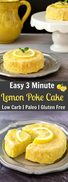 lemon poke cake on a plate with the words easy 3 minute