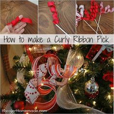 how to make a curly ribbon pincusk for christmas tree decorating with red and white ribbons