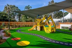 A childcare in Burwood with an excavator machine with slides under sail shades and grass floor. Daycare Setup, Excavator Machine, Daycare Business Plan, Game Station, Preschool Montessori, Daycare Business, Early Learning Centre, Story Design, Montessori Classroom