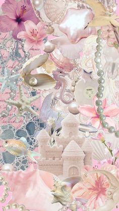 a pink background with shells, pearls and flowers