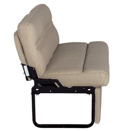 a beige leather reclining chair with black metal frame and footrests on an isolated white background