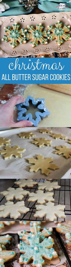 christmas cookies are being made with all butter sugar and decorated with blue icing on top