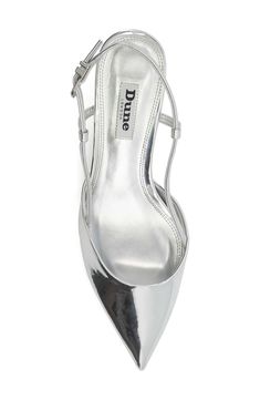 A low kitten heel and pointy toe lend a sleek silhouette to a modern slingback pump. 3" heel Adjustable slingback strap with buckle closure Synthetic upper, lining and sole Imported Silver Pointy Heels, Silver Pointed Heels, Kitten Heels Outfit, Silver Kitten Heels, Heels Prom, Pointy Heels, Heels Outfits, Silver Pumps, Gold Pumps