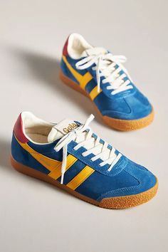 Gola Elan Sneakers | Anthropologie Vintage Suede Sneakers With Gum Sole, Retro Low-top Suede Sneakers, Vintage Suede Sneakers With Round Toe, Retro Suede Sneakers With Rubber Sole, Vintage Low-top Sneakers With Rubber Heel Cap, Red Fits, British Heritage, Tie Styles, Marine Blue