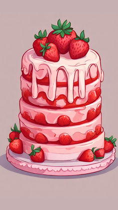 Strawberry Cake Drawing A Strawberry, Strawberry Cake Drawing, Cake Drawing Aesthetic, Strawberry Cake Illustration, Cake Art Drawing, Starberry Cake, Cute Cake Drawing