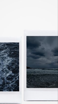 two polaroid photos with dark clouds over the ocean