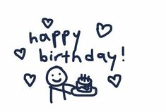 a drawing of a person holding a cake with the words happy birthday written on it