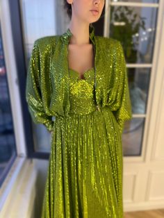 Green two piece dress with long sleeves and sequins Green Lace Fabric, Teuta Matoshi, Green Wedding Colors, Unique Blouse, Green Lace, Lace Fabric, Wedding Colors, Jacket Dress, Designer Dresses