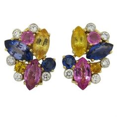 Aletto Brothers 11.20ctw Multicolor Sapphire Diamond 18k Gold Earrings Gold Earrings Set, Diamond Gold Earrings, Vvs Diamond, 18k Gold Earrings, Yellow Gold Earrings, Fabulous Jewelry, Diamond Gold, Sapphire Earrings, Yellow Gold Earring