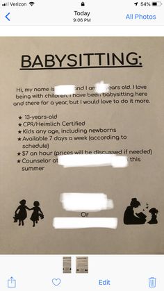 the babysitting sign is posted in front of an iphone screen, and it appears to be fake