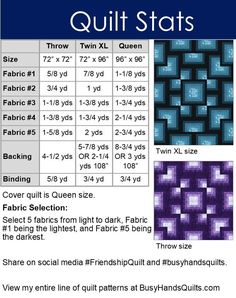 the instructions for quilting with different colors and patterns, including blue and purple squares