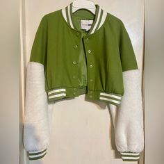 Sz L.-Ladies Fashion Nova Crop Top Jacket. Lime Green With White Fur Sleeves. New, Never Worn. Sz Large But Runs Small. Super Cute. Fitted Cotton Varsity Jacket For Spring, Green Varsity Outerwear For Spring, White Long Sleeve Varsity Jacket For Spring, Green Long Sleeve Varsity Jacket For Spring, Green Casual Varsity Jacket For Spring, Trendy White Varsity Jacket For Spring, White Cotton Varsity Jacket For Spring, Casual White Varsity Jacket For Spring, Mushroom Jacket