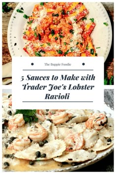 some food that is on top of a plate with the words 5 sauces to make fish trader joe's lobster ravioli