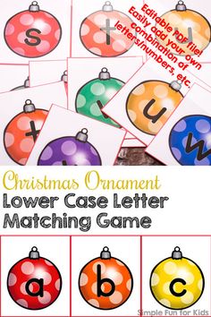 christmas ornament lower case letter matching game for kids to practice letters and numbers