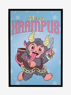 a card with an image of a cartoon character holding a mug and wearing horns on it's head