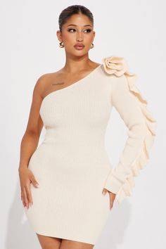 Available In Pink And Cream. Sweater Mini Dress One Shoulder Long Sleeve 3D Rose Design Stretch Dress Length = 33" Self 55% Acrylic 45% Cotton Imported | Janice Sweater Mini Dress in Cream size 2X by Fashion Nova Spring One Sleeve Stretch Mini Dress, Spring One-shoulder Ribbed Dress, One-shoulder Ribbed Spring Dress, Dress One Shoulder Long, Sweater Mini Dress, Mini Sweater, Dress One Shoulder, 3d Rose, Mini Sweater Dress