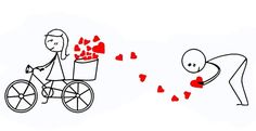 a drawing of a man pushing a woman on a bike with hearts coming out of it