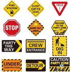 various construction signs and stickers on a white background, including stop sign, caution sign, dump zone, party area, do not enter