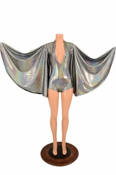 Silver Holographic Plunging V Neck Romper with Fan Sleeves Rave Festival Bodysuit - 155339 Fan Sleeves, Retro Future Fashion, V Neck Romper, Boy Cut, Space Outfit, Fashion Vogue, Silver Holographic, Boy Cuts, Mid Summer