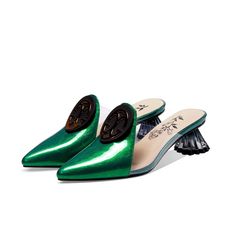 These print leather mules with rhinestones are unique. stylish and comfy. Upper: Genuine Leather Lining: Microfiber Outsole: TPR Toe Shape: Pointy Toe Closure: Slip on Heel: 6cm/2.5'' is_handmade: Yes Elegant Green Slip-on Mules, Party Slip-on Mules With Leather Sole, Party Mules With Leather Sole And Round Toe, Slip-on Patent Leather Sandals For Party, Green Slip-on Mules, Party Mules With Pointed Toe And Leather Sole, Spring Patent Leather Slip-on Heels, Party Pointed Toe Mules With Leather Sole, Trendy Mules With Contrasting Heel Counter For Party