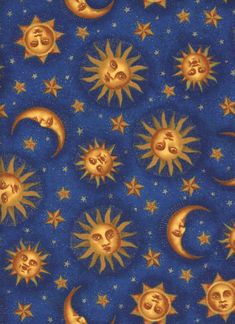 a blue background with gold stars and moon faces