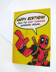 a birthday card with a cartoon character saying happy birthday from the most charming superhero around