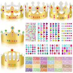 PRICES MAY VARY. Ideal Birthday Party Kit: classic and stylish Style includes: 20 pieces paper crowns in 5 styles (4 for each style), 8 sheets gem jewelry stickers, 3 sheets letter stickers and 3 sheets number stickers; Delicate Style includes: 40pcs paper crowns in 8 styles (5 for each style), 15 sheets gem jewelry stickers, 4 sheets letter stickers and 4 sheets number stickers; The quantity fully meets the DIY needs of your party guests to personalize each crown DIY Crown Craft Kit: nice for y Gem Stickers, Golden Party, Anniversaire Diy, Crown For Kids, Prince Crown, Crown Party, Paper Crown, Crystal Stickers, Crown Crafts