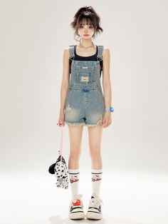 Embrace a laid-back style with these faded wash blue denim overalls. The distressed holes add a touch of edgy charm, while the classic overall design exudes a sense of effortless cool. Perfect for creating a trendy and casual look, this piece is a versatile addition to your wardrobe.   Please note that this product includes only the overalls and does not come with any additional items. Garment Size SizeSMLXLFull Length3232.53333.5Waist68727680Hips98102106110Thigh64666870 Dress Overalls Outfits, Shorts Overalls Outfit, Overalls Shorts Outfit, Overalls Outfit Short, Overall Shorts Outfit, Denim Overalls Outfit, Overalls Outfits, Blue Denim Overalls, Overalls Shorts