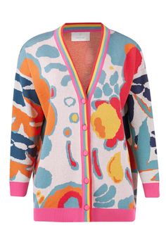 Introducing the Sunlight Pure Organic Cotton Cardigan, a vibrant and eco-friendly addition to your wardrobe. This delightful cardigan features a playful flower pattern in bold hues of red, orange, and blue, adding a burst of color to any outfit. Crafted from 100% pure organic cotton, it offers a soft, breathable, and comfortable fit, perfect for layering over your favorite tops.  Designed with both style and sustainability in mind, the Sunlight Cardigan brings a touch of fun and flair to your everyday look. Whether you're dressing up for a special occasion or keeping it casual, this cardigan is sure to make a statement and keep you cozy.  12803002 100% Pure Organic Cotton  Hand wash program only. Wash inside out. Wash with similar colors. Iron inside out. Do not tumble dry. Dry flat. Gentl V-neck Multicolor Outerwear For Spring, Casual Multicolor Floral Print Cardigan, Multicolor Floral Print Long Sleeve Cardigan, Multicolor Floral Print V-neck Outerwear, Spring Blue Floral Print Cardigan, Multicolor V-neck Floral Print Outerwear, Summer Multicolor Floral Print Cardigan, Maximalist Dressing, Blue Yellow Orange