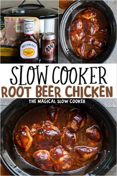 slow cooker root beer chicken recipe in the crock pot with text overlay