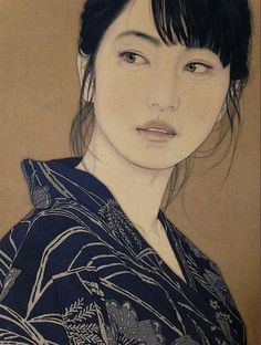 a drawing of a woman with black hair and blue kimono looking at the camera