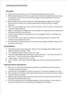 The first page of two, summary of 'Lord of the FLies' with themes and symbols. English Gcse Revision, Studying Notes, English Revision, Romanticising School