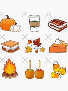 an image of different foods that are on the table with leaves and pumpkins around them