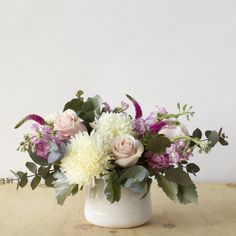 Photo of Blaisdell flower arrangement in white ceramic Tegan pot Desk Flowers, Table Floral Arrangements, Arrangement Flower, Small Flower Arrangements, Fragrant Roses, Corporate Flowers, Small Centerpieces, Artificial Floral Arrangements, Memorial Flowers