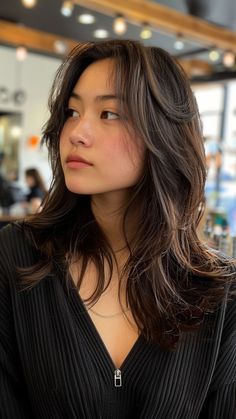 Long and Lovely: 25 Hairstyles That Flatter Round Faces Medium Length Hair With Layers Asian Round Faces, Haircuts For Round Faces Layers, Asian Long Layers Haircut, Best Hairstyles For Long Faces For Women, Medium Layered Haircuts Asian, Med Layered Haircuts Round Faces, Haircut For Round Face Asian, Layered Haircuts For Medium Hair Asian, Face Framing Layers Asian Hair