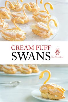 cream puff swans with orange icing and powdered sugar on the top are shown