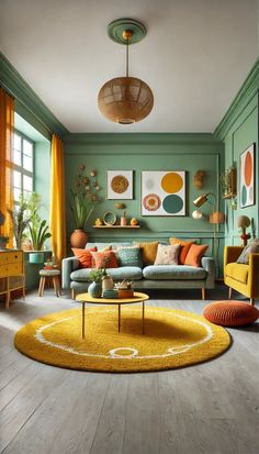 a living room with green walls and yellow rugs on the floor, two couches in front of a coffee table