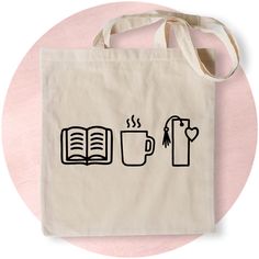 a tote bag with coffee and books on it