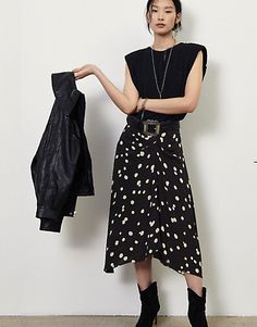 (eBay) ba&sh Midi Skirt in Polka Dot Print - NWOT - Size 1 (Small) retailed for $245 Long Silk Skirt, Short Wrap Skirt, Office Clothes, Polka Dot Midi Skirt, French Outfit, Summer Office, Knit Sweaters, Polka Dot Skirt, Floral Midi Skirt