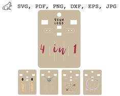 four pairs of earrings are shown with the tag for each earring, and one pair is