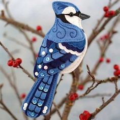 a blue and white bird sitting on top of a tree branch next to red berries