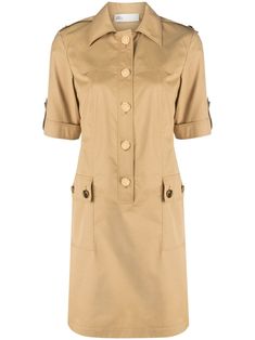 beige cotton two front flap pockets embossed gold-tone buttons front button fastening classic collar epaulettes short sleeves straight hem thigh-length Camping Outfit, Camp Dress, Camping Outfits For Women, Tory Burch Dress, Women Camping, Womens Blazers, Vestido Casual, Knitwear Cardigan, High End Fashion