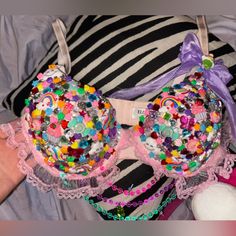 Wanting To Do These As Custom Orders. Handmade From Good Quality Push-Up Bra With Rhinestones And Fun Rainbow Beads And More!!! With Sewn Lace And Hanging Beads With Candy Pieces And Also Bows I Make!! All To Give U A Kawaii Candy Princess Top!! Kandi Skirt, Rhinestone Bra Diy, Rave Baddie, Rave Diy, Candy Princess, Rave Bras, Candy Clothes, Rave Fit, Diy Cut Shirts