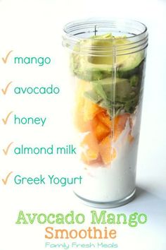 an avocado smoothie in a mason jar with the ingredients labeled below it