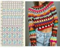 two pictures with different colored crocheted sweaters and the same pattern on them