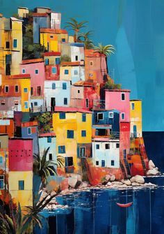 an oil painting of colorful houses on the shore with palm trees in front of them