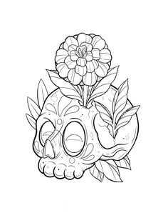 a black and white drawing of a skull with flowers