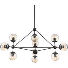 a large chandelier with eight lights hanging from it's center, and six circular glass globes on each end