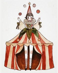 Clown Circus Illustration, Creepy Circus Drawing, Circus Core Aesthetic, Circus Drawing Reference, Creepy Circus Art, Cute Circus Illustration, Cute Jester Art, Clown Illustration Character Design, Circus Aesthetic Drawing